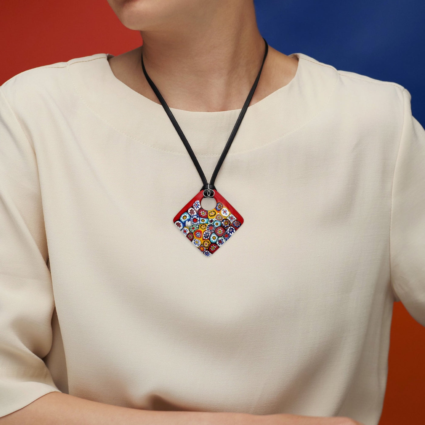 Artylish 紅色方形大吊墜 - 小羊皮 配 925純銀 - 頸飾