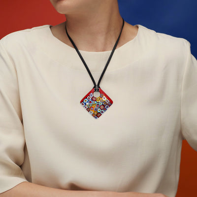 Artylish 紅色方形大吊墜 - 小羊皮 配 925純銀 - 頸飾