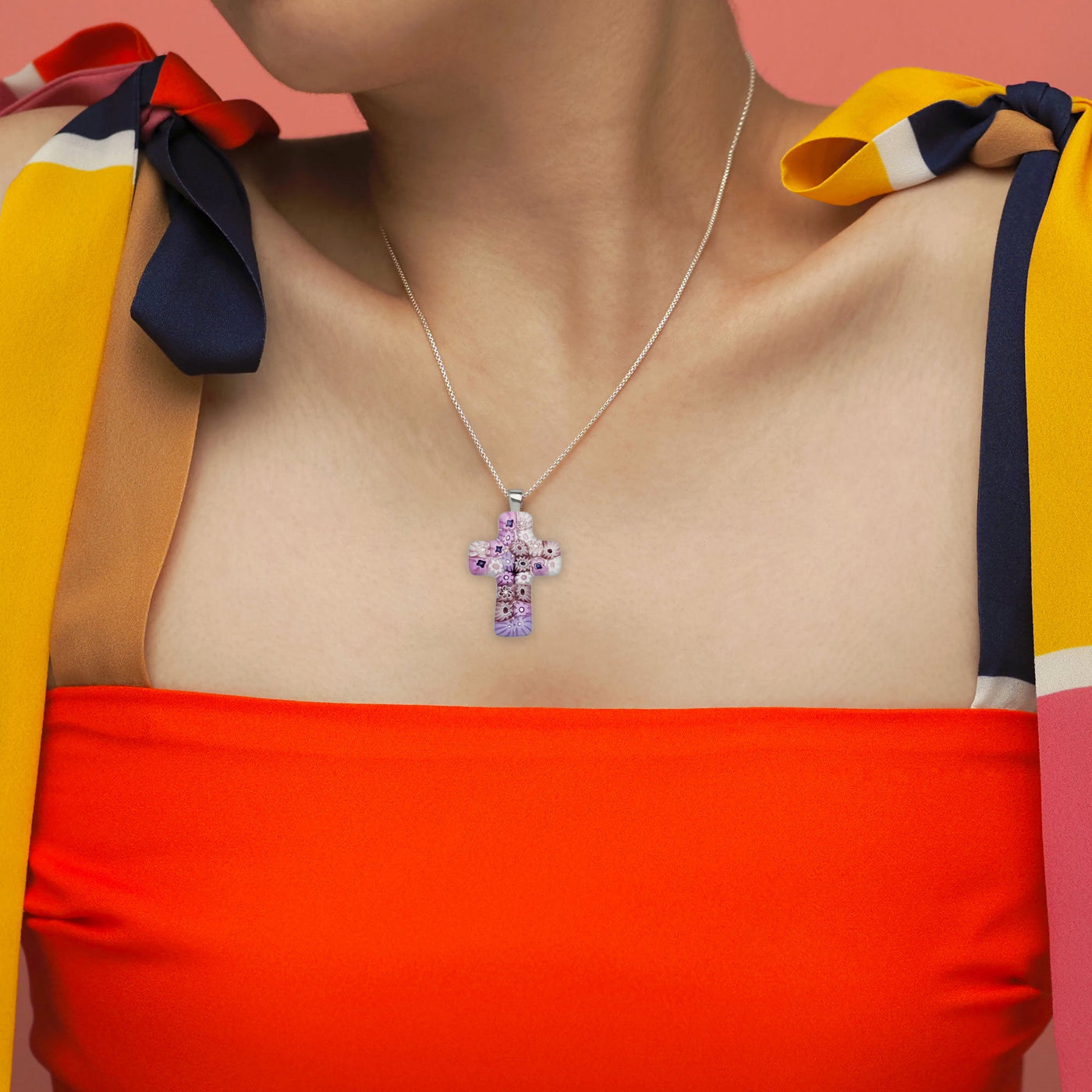 Cross in Bloom 十字架頸鏈 (薰衣草粉紅) - 1.2mm濶 925純銀 - 吊墜頸鏈