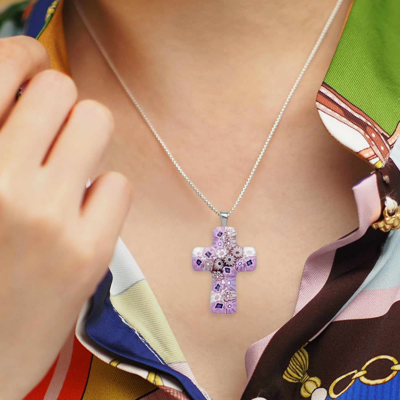 Cross in Bloom 十字架頸鏈 (薰衣草粉紅) - 1.2mm濶 925純銀 - 吊墜頸鏈