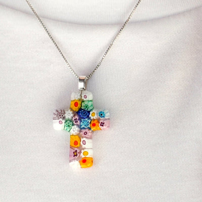 Cross in Bloom 碎花十字架頸鏈 - 1mm濶 925純銀 - 吊墜頸鏈