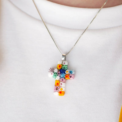 Cross in Bloom 碎花十字架頸鏈 - 2mm濶 低敏感316L鈦鋼 - 吊墜頸鏈